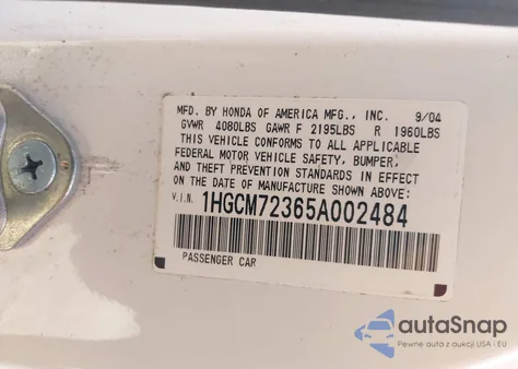 2005 Honda Accord 2.4 Lx from USA, damaged, VIN 1HGCM72365A002484